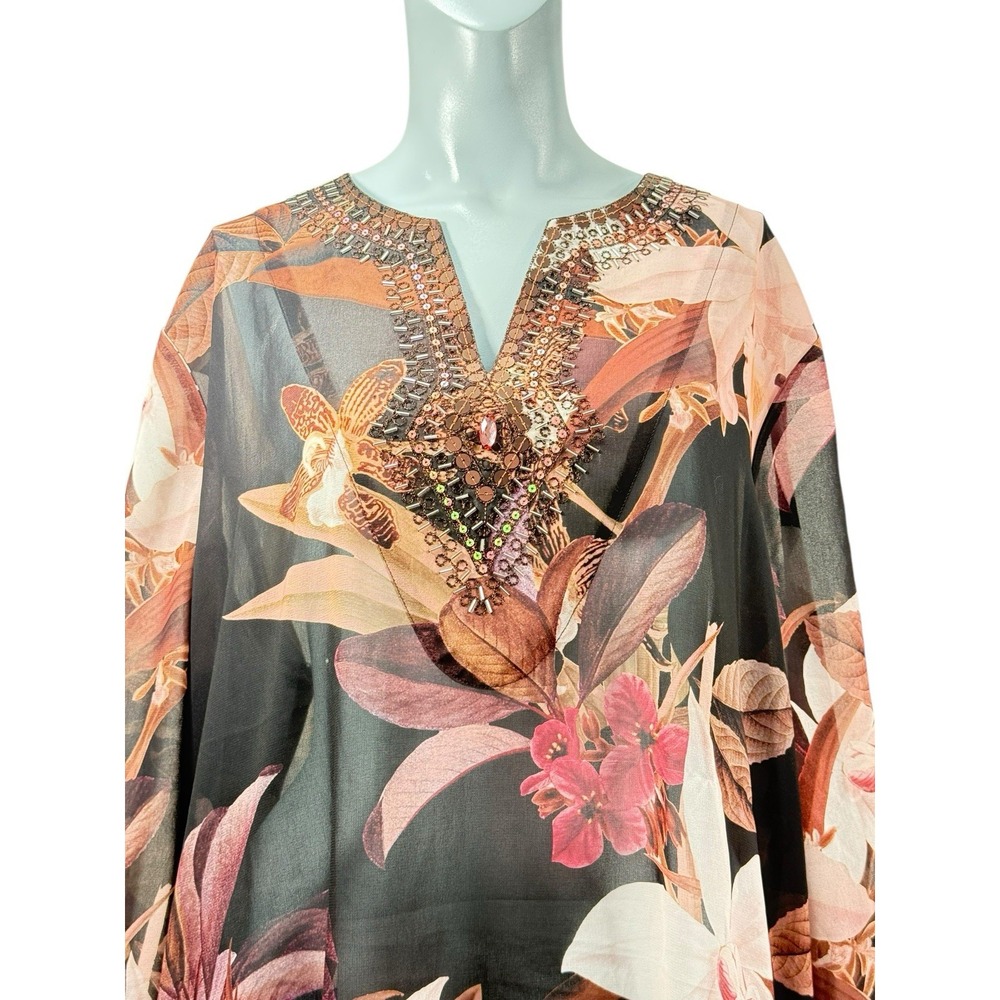 Women's Chicos Sz‎ 4 Embellished Sheer Multicolored Floral Top beaded Sequined - Picture 2 of 9
